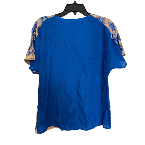 Tracy Reese Sequin Floral Top Women’s Small Blue & Beige Short Sleeve Polyester - Picture 2 of 5